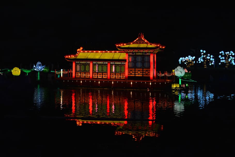 light, castle, night, dark, attraction, house, palace, reflection HD wallpaper