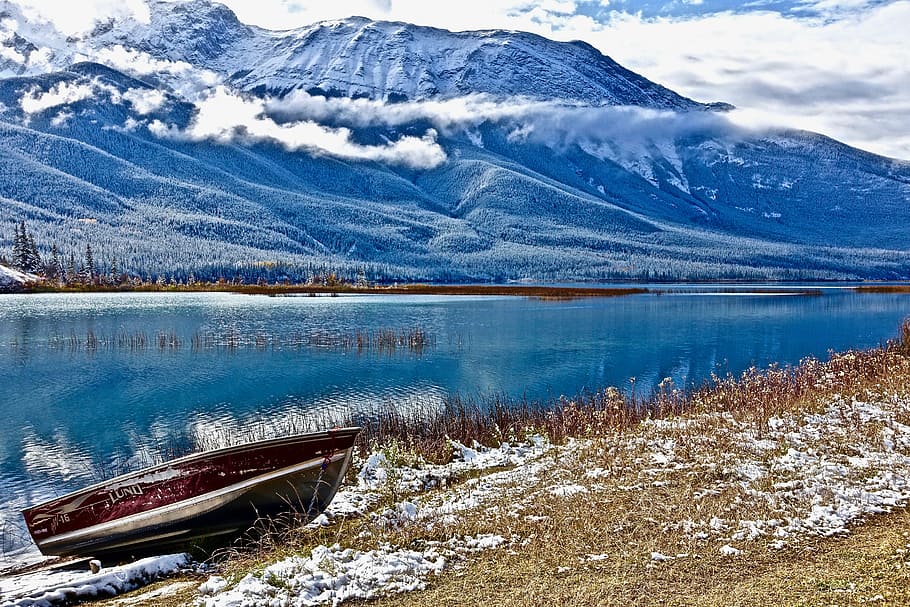 lake, wilderness, boat, reflection, mountains, snow, nature HD wallpaper
