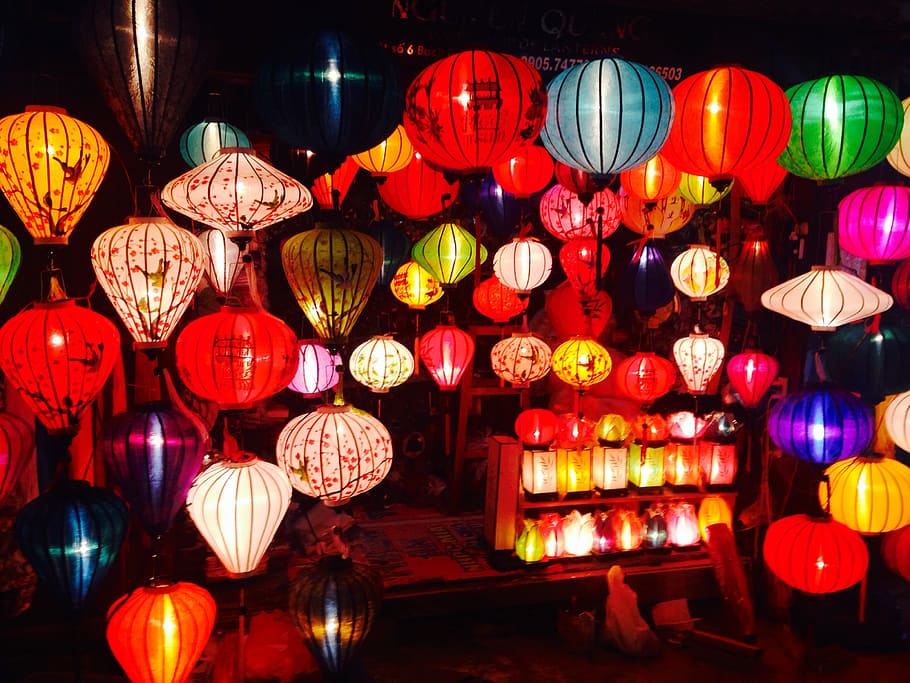 assorted-color paper lanterns, lights, balloons, lamp, decoration