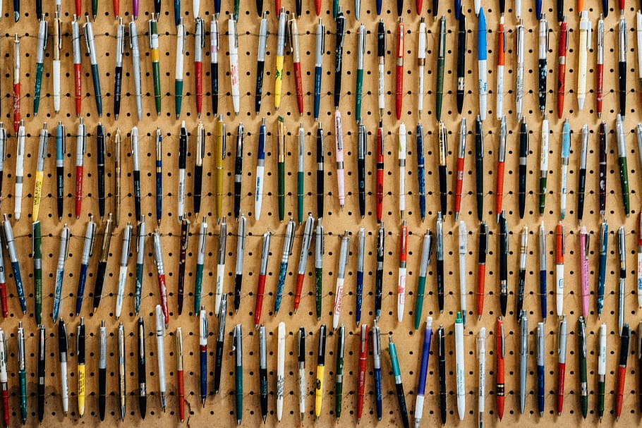 assorted pen lot, assorted-color pen lot, wall, hand, dot, line HD wallpaper