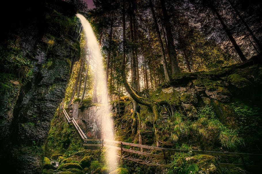waterfalls and trees, germany, landscape, cliff, forest, woods HD wallpaper
