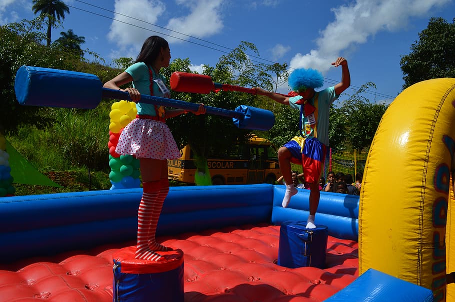 children playing, clown, fun, nature, plant, women, leisure activity HD wallpaper