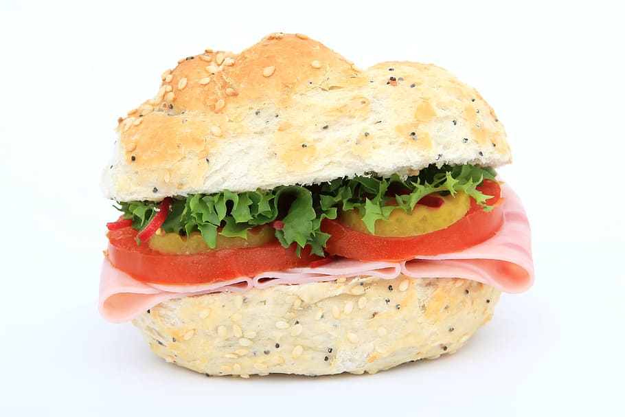 hamburger with vegetable, Bread, Brown, Bun, Calories, Close-Up HD wallpaper
