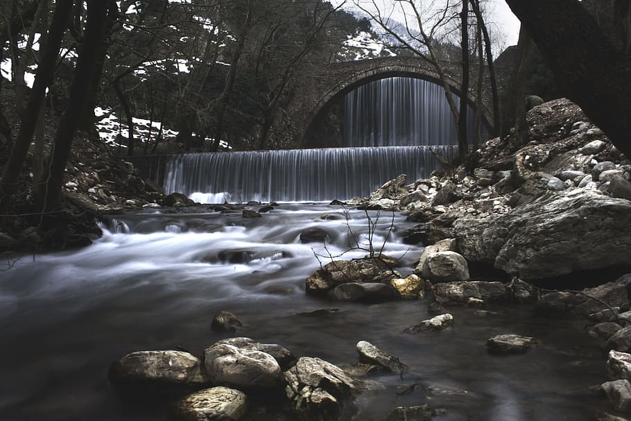 Time Lapse Photography of Waterfall, bridge, cascade, cold, creek HD wallpaper
