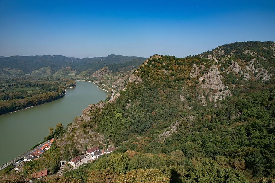 green trees under blue sunny sky, River, Landscape, Nature, Valley HD wallpaper