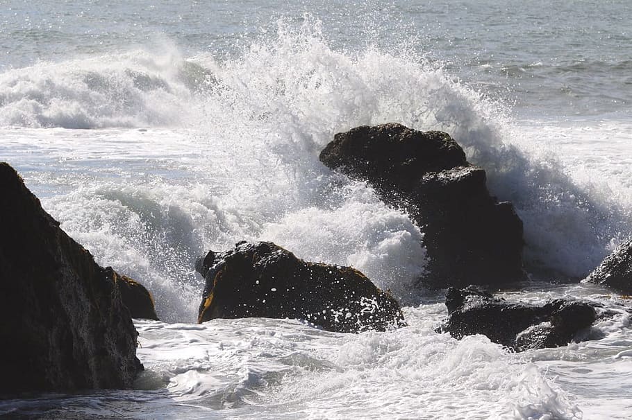 sea, surf, wave, foam, stones, water, nature, motion, power in nature HD wallpaper