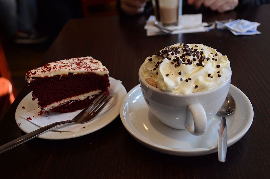 coffee with whip near slice of cake, Hot Chocolate, Breakfast, HD wallpaper