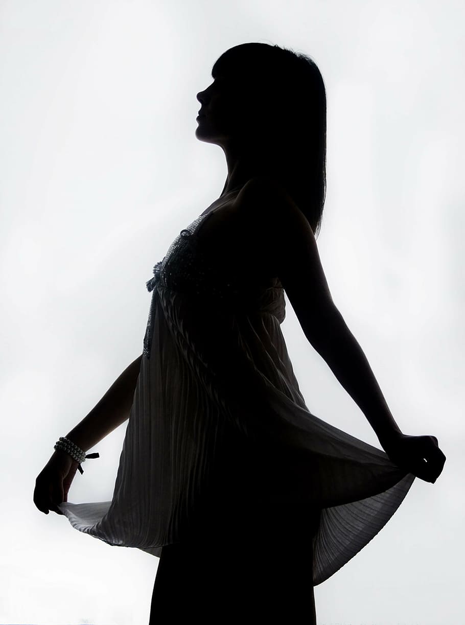 silhouette photo of woman, girl, model, bw, person, dress, riddle, HD wallpaper
