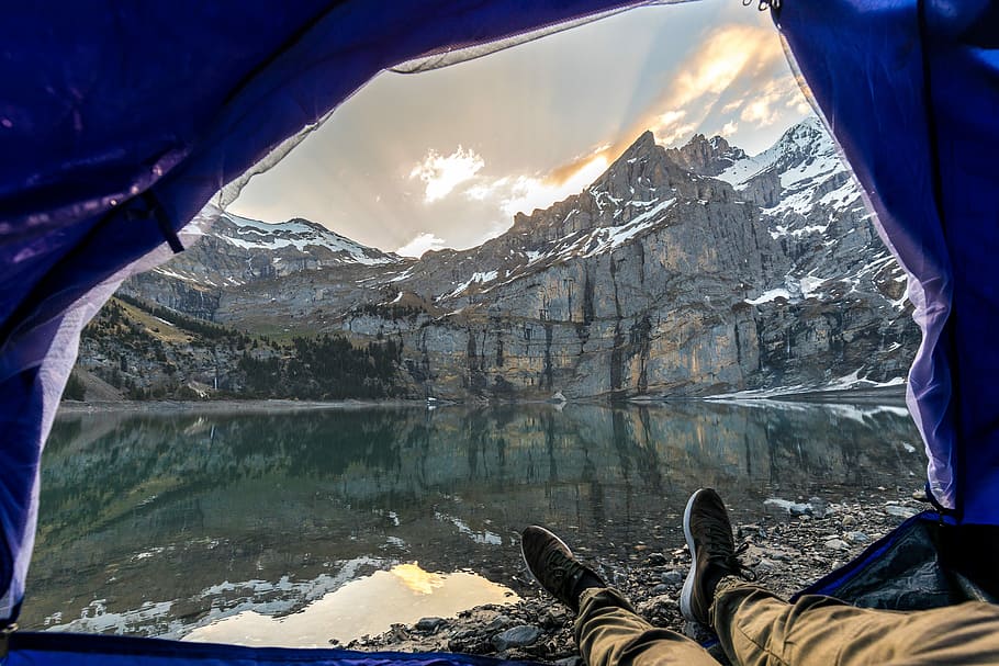 man inside tent taking photo of lake, adventure, stock, concept HD wallpaper