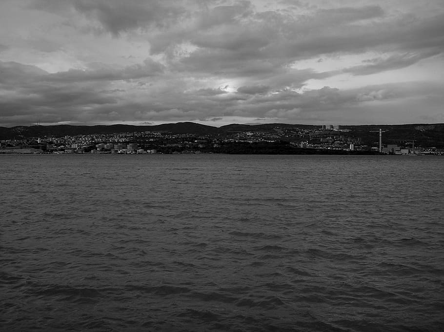 trieste, sea, black and white, cloud - sky, water, waterfront HD wallpaper