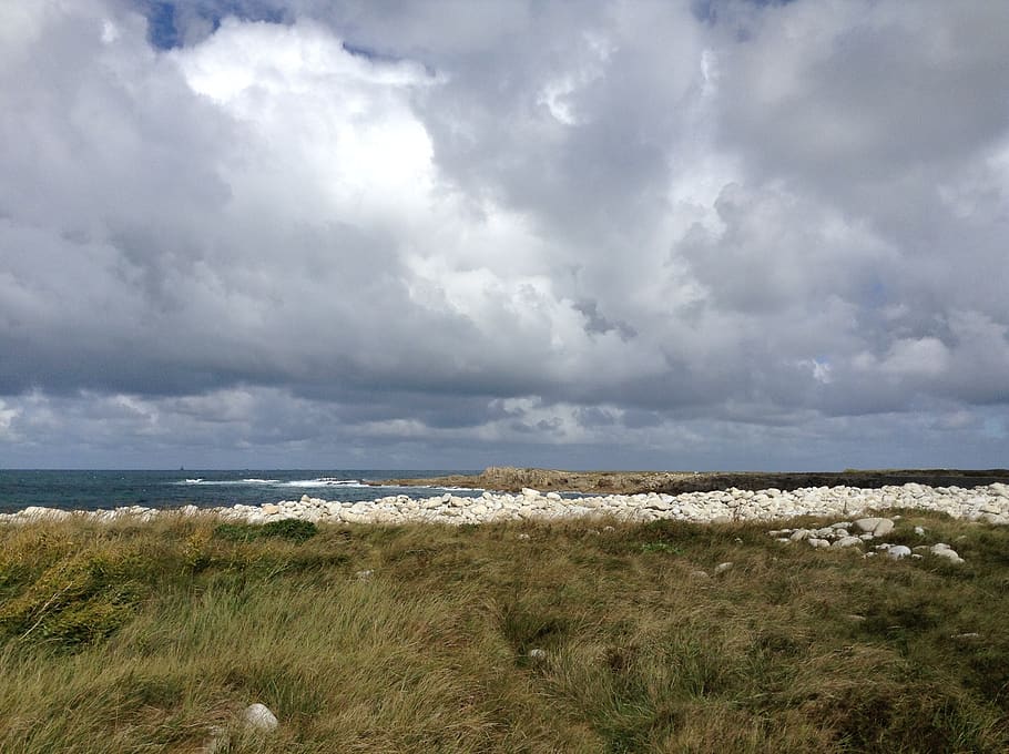 coast, sea, clouds, rock, surf, cloud - sky, grass, landscape HD wallpaper