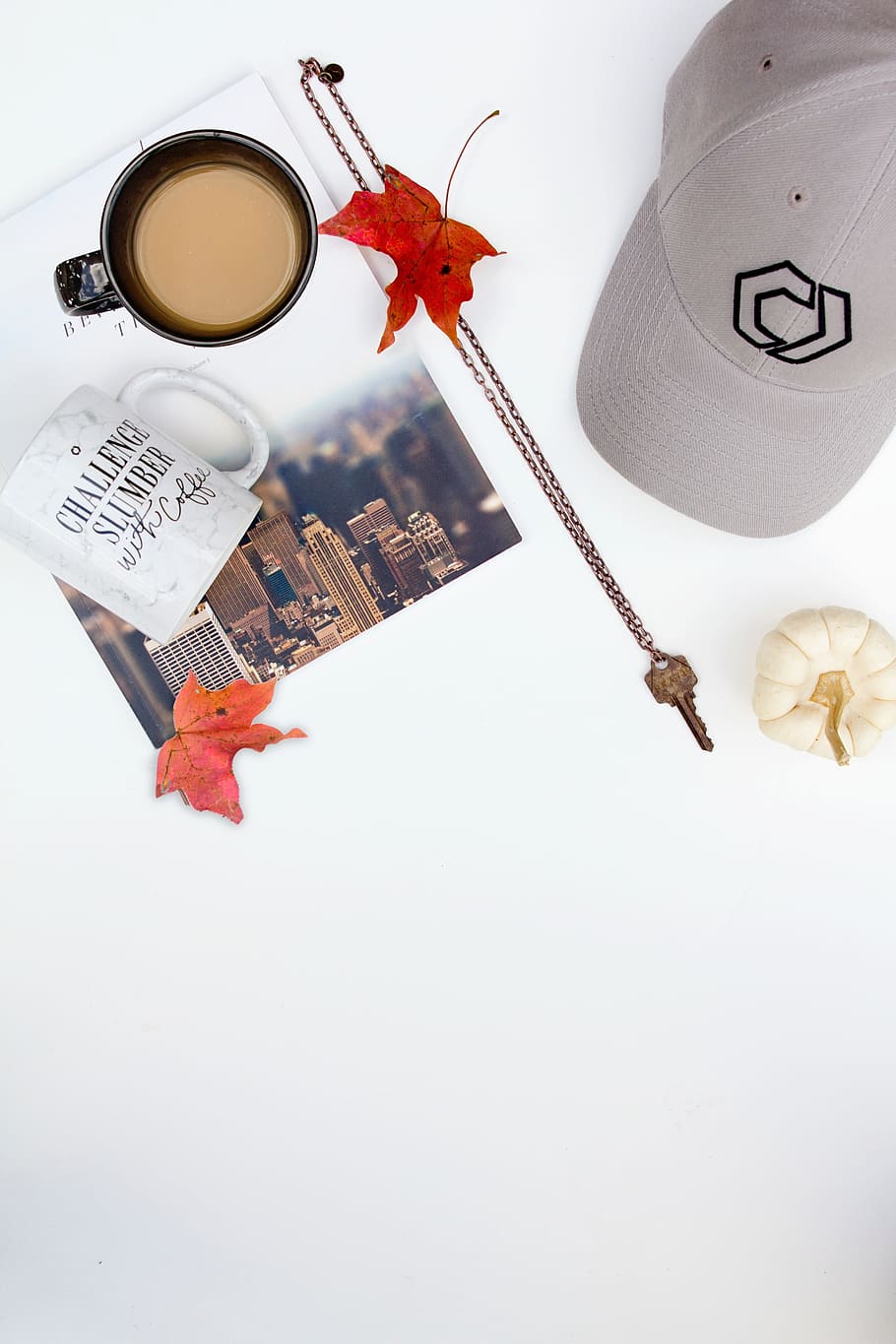 coffee, cup, mug, magazine, leaf, fall, autumn, hat, cap, necklace HD wallpaper