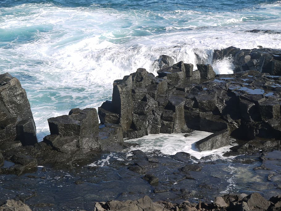 surf, wave, lava rock, submerged, border, defense, steadfast, HD wallpaper