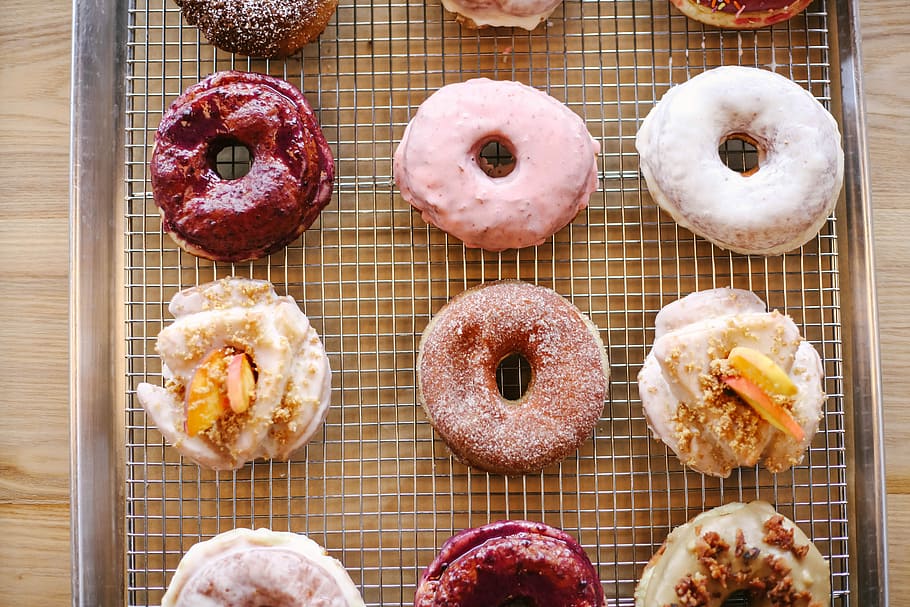Donut Spread, doughnuts on silver tray, cake, rack, icing, pink HD wallpaper