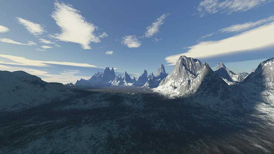 mountain, snow, panoramic, nature, landscape, virtual, computer generated HD wallpaper