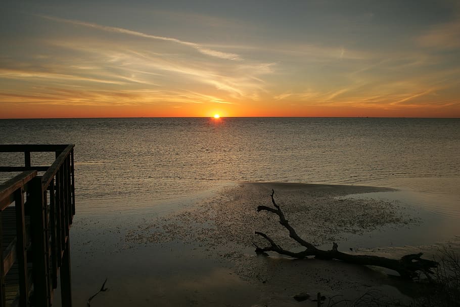 sunset, evening, dusk, twilight, landscape, coast, port, sky HD wallpaper
