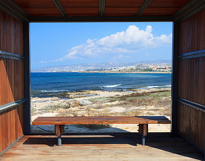 brown wooden bench in the beach, blue, border, frame, horizon HD wallpaper