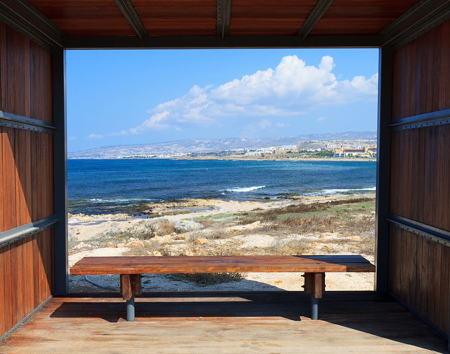 brown wooden bench in the beach, blue, border, frame, horizon HD wallpaper