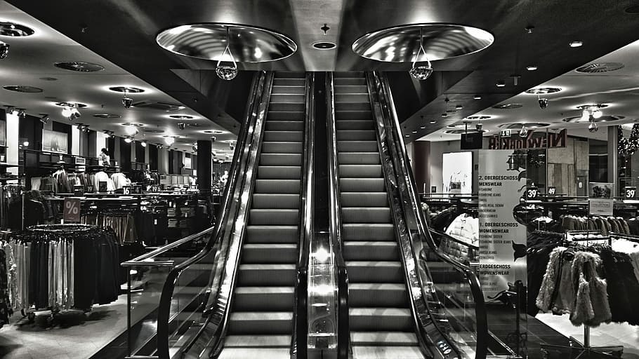 escalator, department store, chrome, design, architecture, black and white, HD wallpaper
