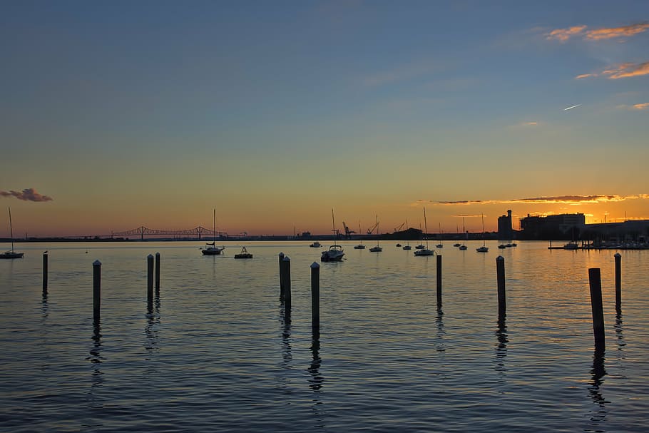 dusk, dock, water, river, harbor, port, ship, bridge, sunset HD wallpaper