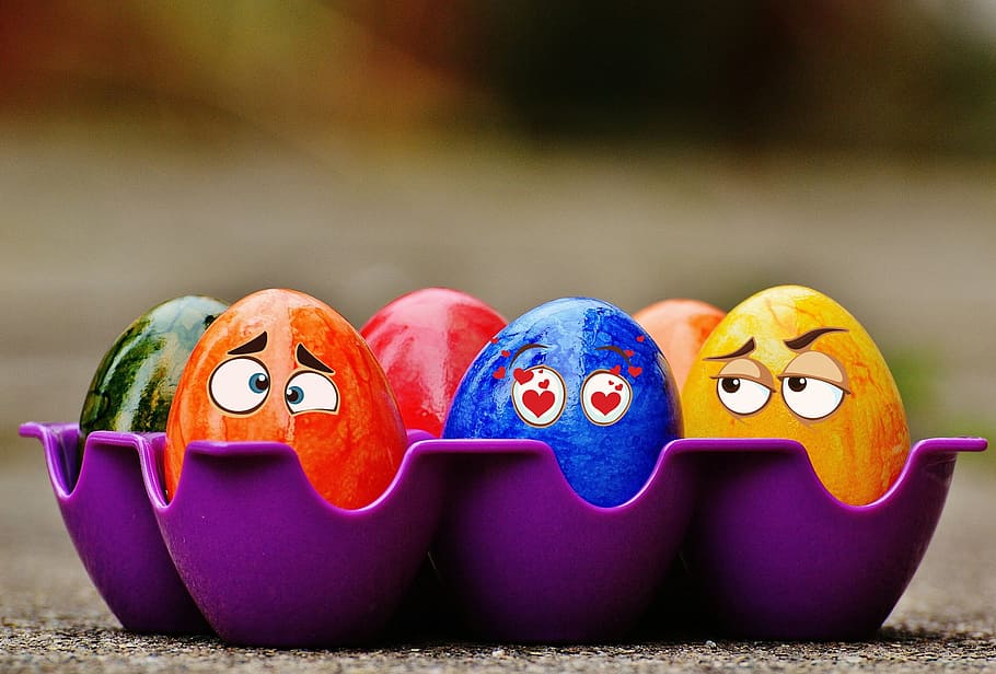eggs decor in tray, easter, easter eggs, funny, eyes, colorful HD wallpaper