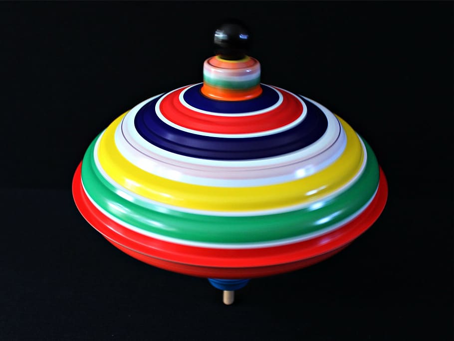 multicolored spin top, roundabout, movement, turn, colorful, tin toys, HD wallpaper
