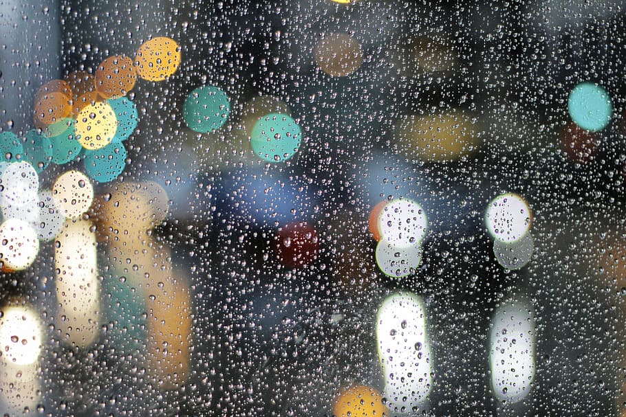 water droplets, macro shot of water drops, rain, window, lights HD wallpaper