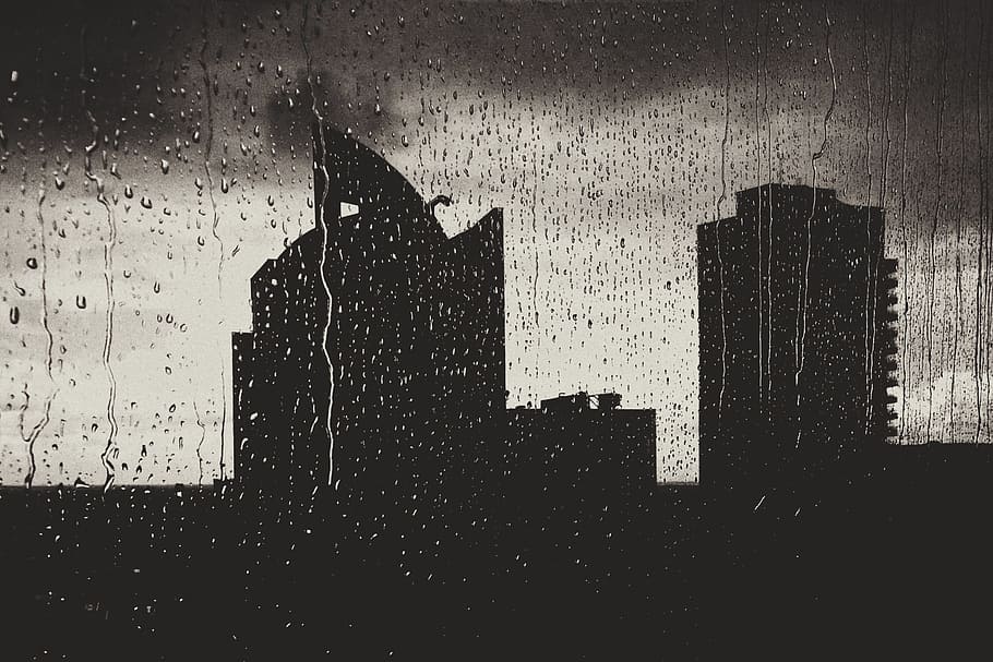 silhouette of high-rise buildings, wet, rain, city, water, nature
