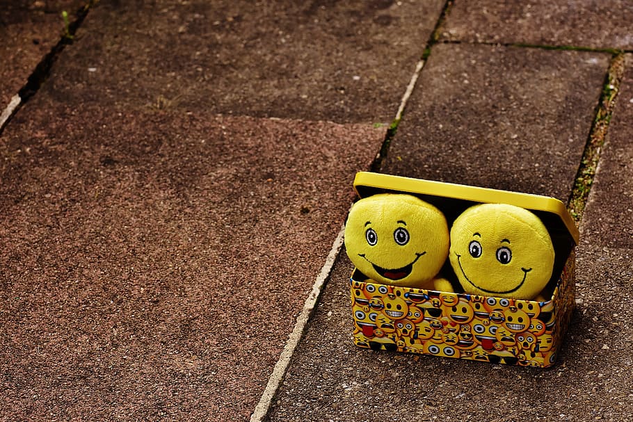two round yellow plush toys, smilies, funny, joy, emoticon, emoji