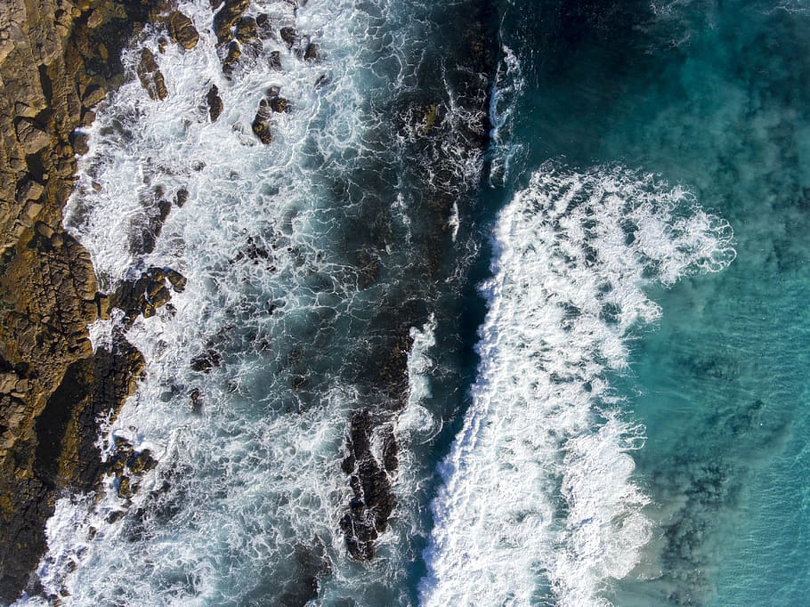 HD wallpaper: bird's eye view of raging water waves against rock, bird ...