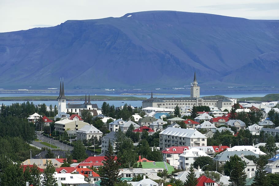 reykjavik, iceland, panorama, church, mountains, atlantic, sea, HD wallpaper