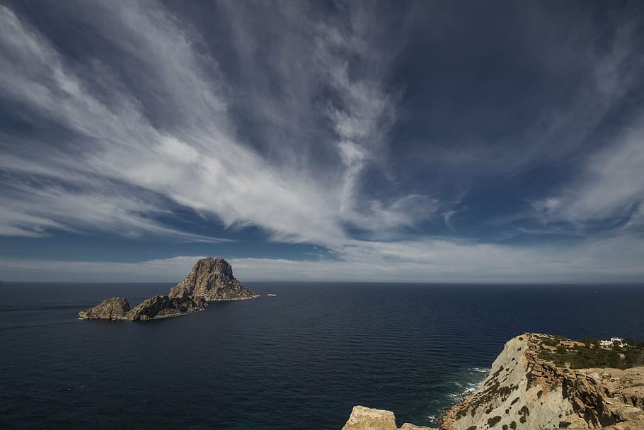 gray island, sky, rock, blue, clouds, costa, calm, landscapes HD wallpaper