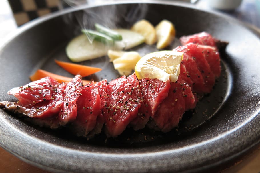 uncooked meat, beef, lemon, steak, food and drink, healthy eating, HD wallpaper