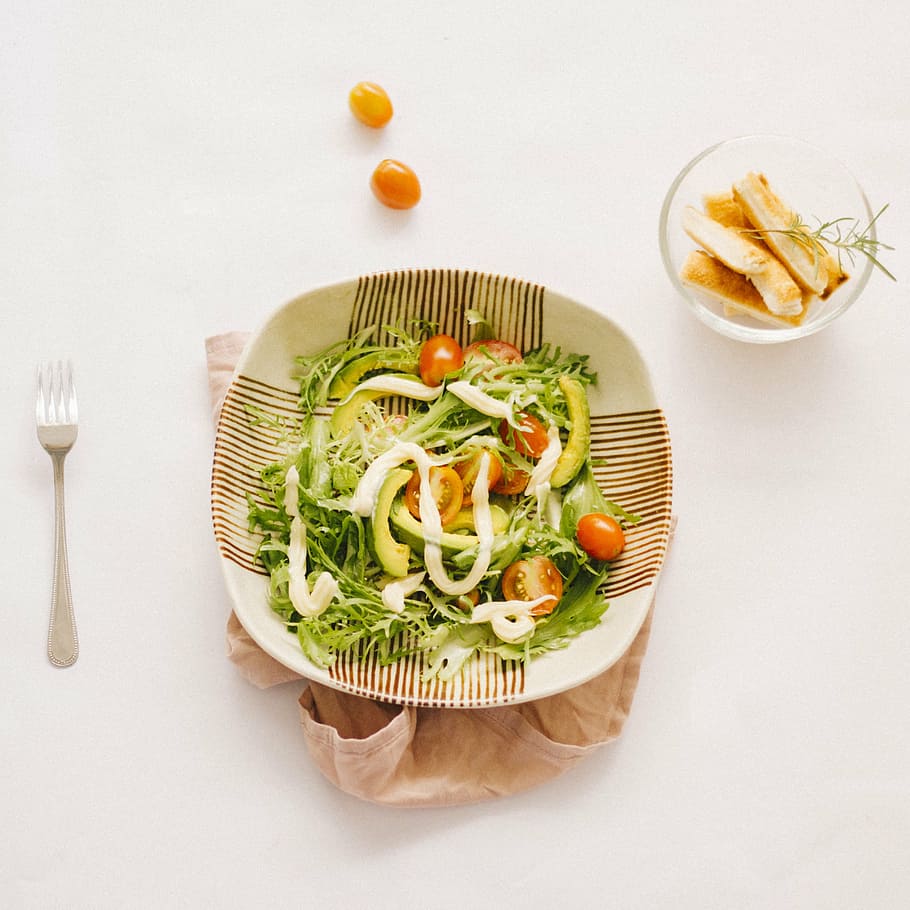 vegetable salad on plate beside stainless steel fork, stick HD wallpaper