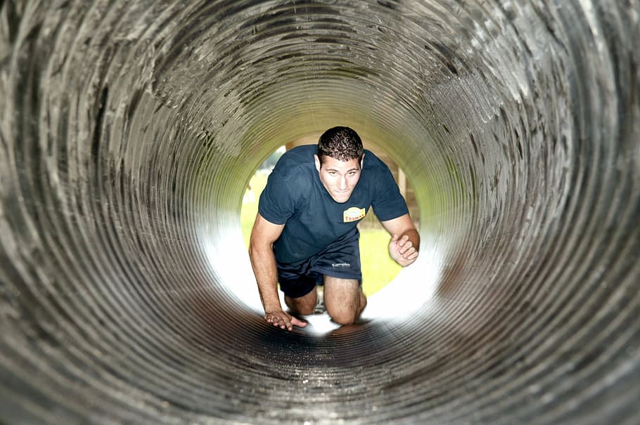 man crawling inside tunnel, soldier, obstacle, course, military