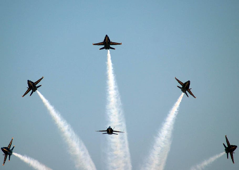 six fighter jets doing air show during daytime, aircraft, flight