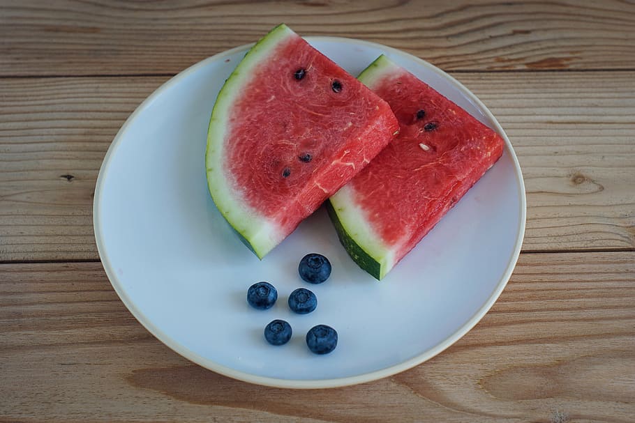 watermelon, fruit, red, plate, jagoda, blueberries, piece, appetizer HD wallpaper