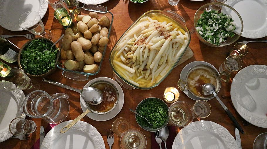 asparagus, table, potato, gedeckter table, hollandaise, asparagus dish HD wallpaper