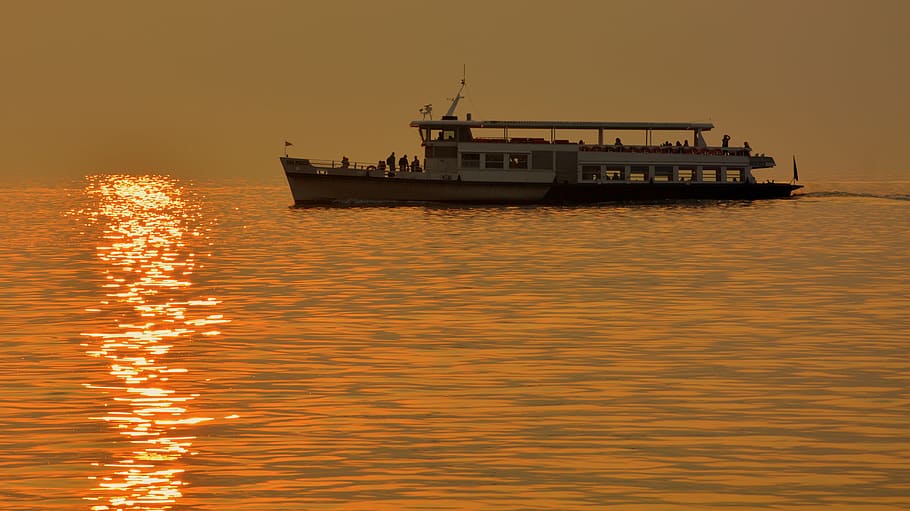 boat, lake, sunset, reflection, water, speedboat, nautical vessel HD wallpaper