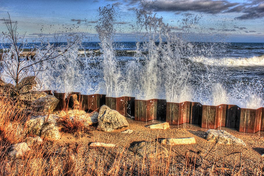 water, lake, clouds, breach, outdoor, ocean, splash, wave, splashing HD wallpaper