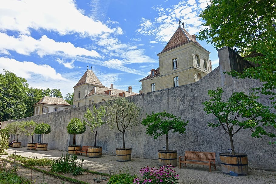 garden, trees, formal, wall, architecture, old, building, church HD wallpaper