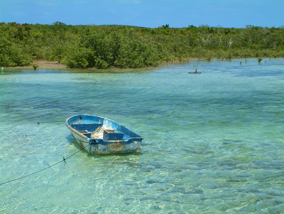 dingy, ocean, teal, water, sea, boat, lonely, coast, shallow HD wallpaper