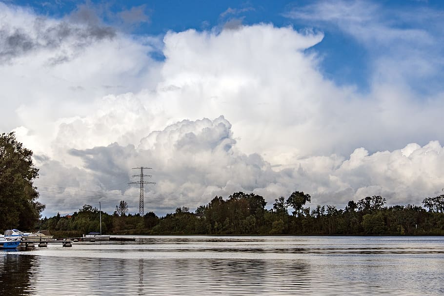 sky, landscape, clouds, view, water, cloud - sky, tree, nature HD wallpaper
