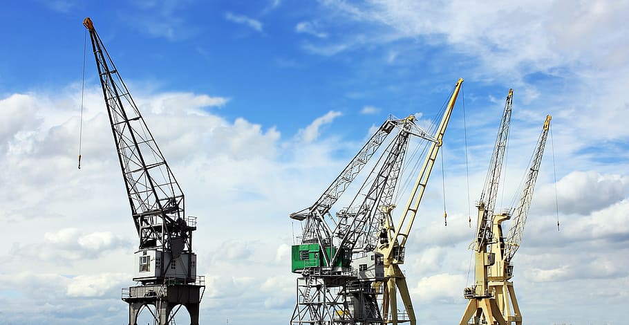brown industrial machines under white clouds, Harbour, Cranes, HD wallpaper