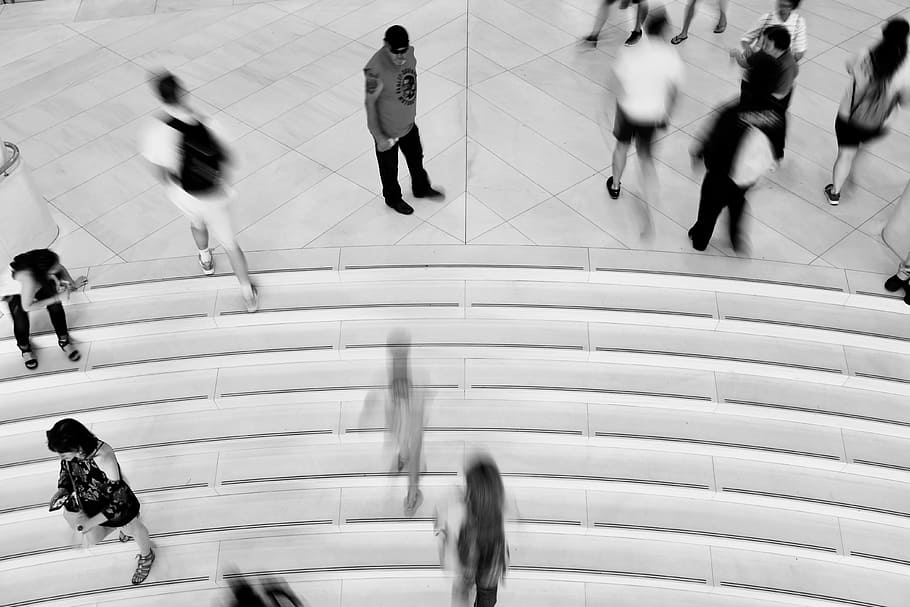 people passing each other, top view of group of people, steps HD wallpaper