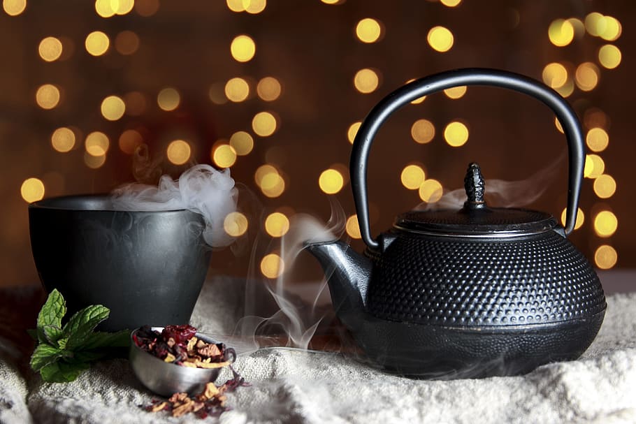 black and gray teapot on white surface, strawberry, fruit, fine HD wallpaper
