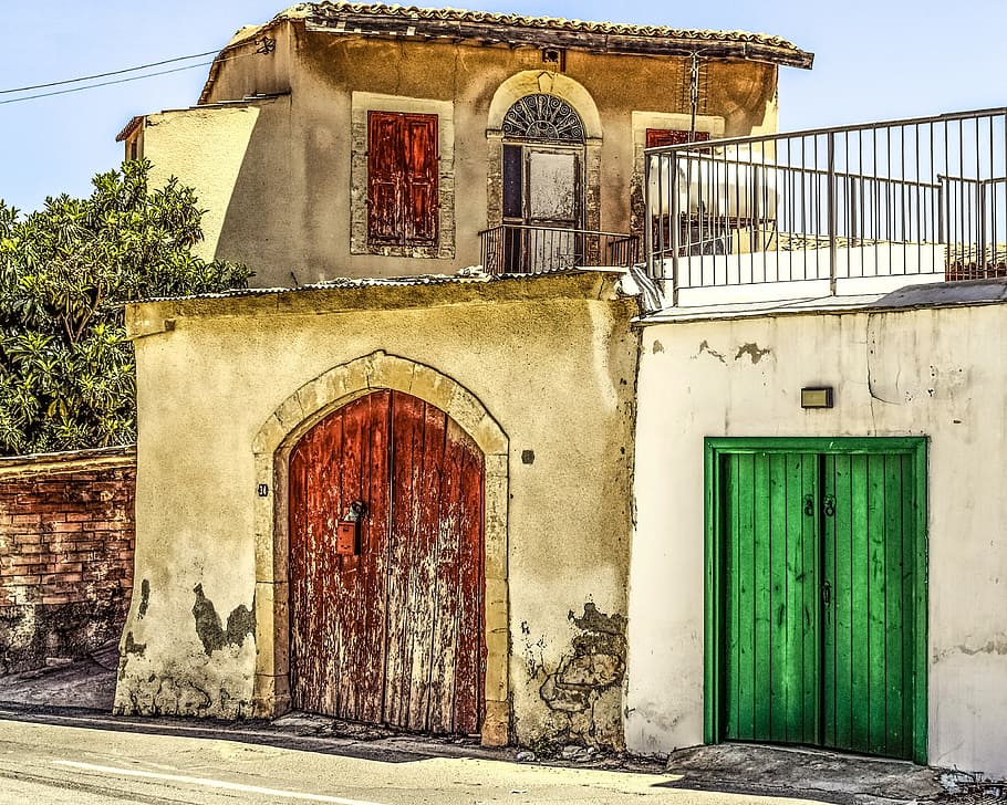 green and brown wooden closed doors, house, old, abandoned HD wallpaper