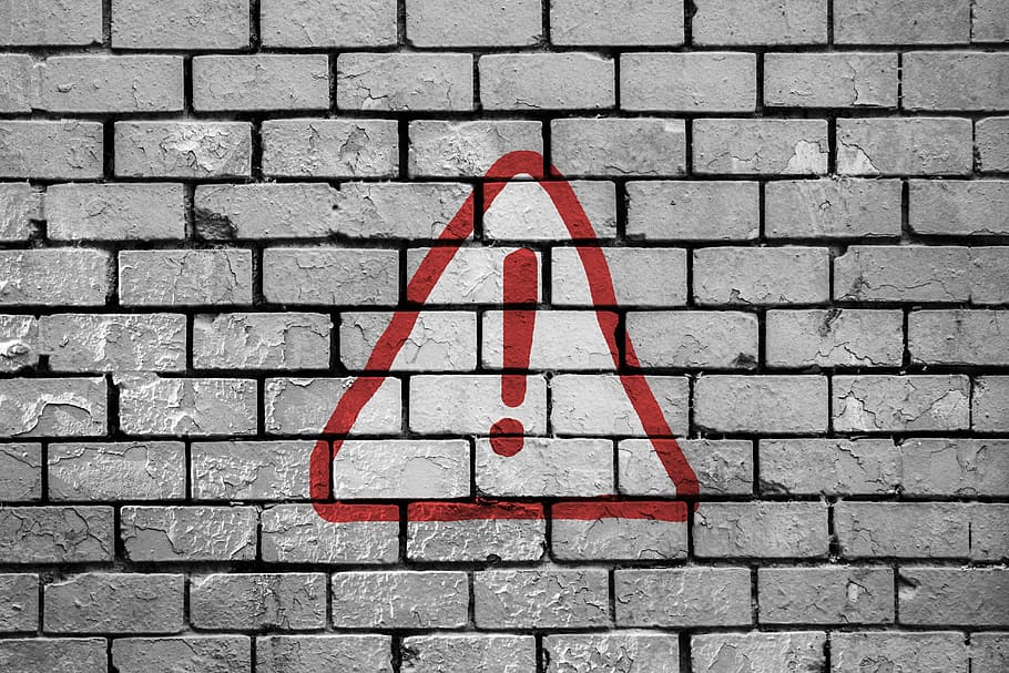warning signage on wall, wall bricks, decadence, stone house HD wallpaper