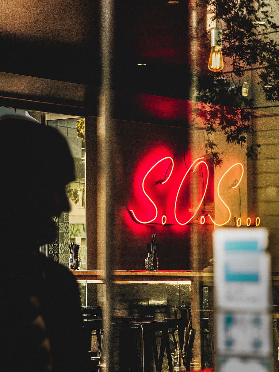 turned-on S.O.S. neon signage reflecting on glass, lights, restaurant HD wallpaper