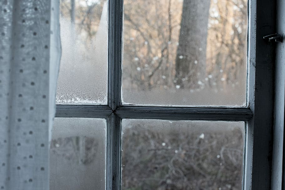 white window with curtain, gray framed glass window with curtain HD wallpaper